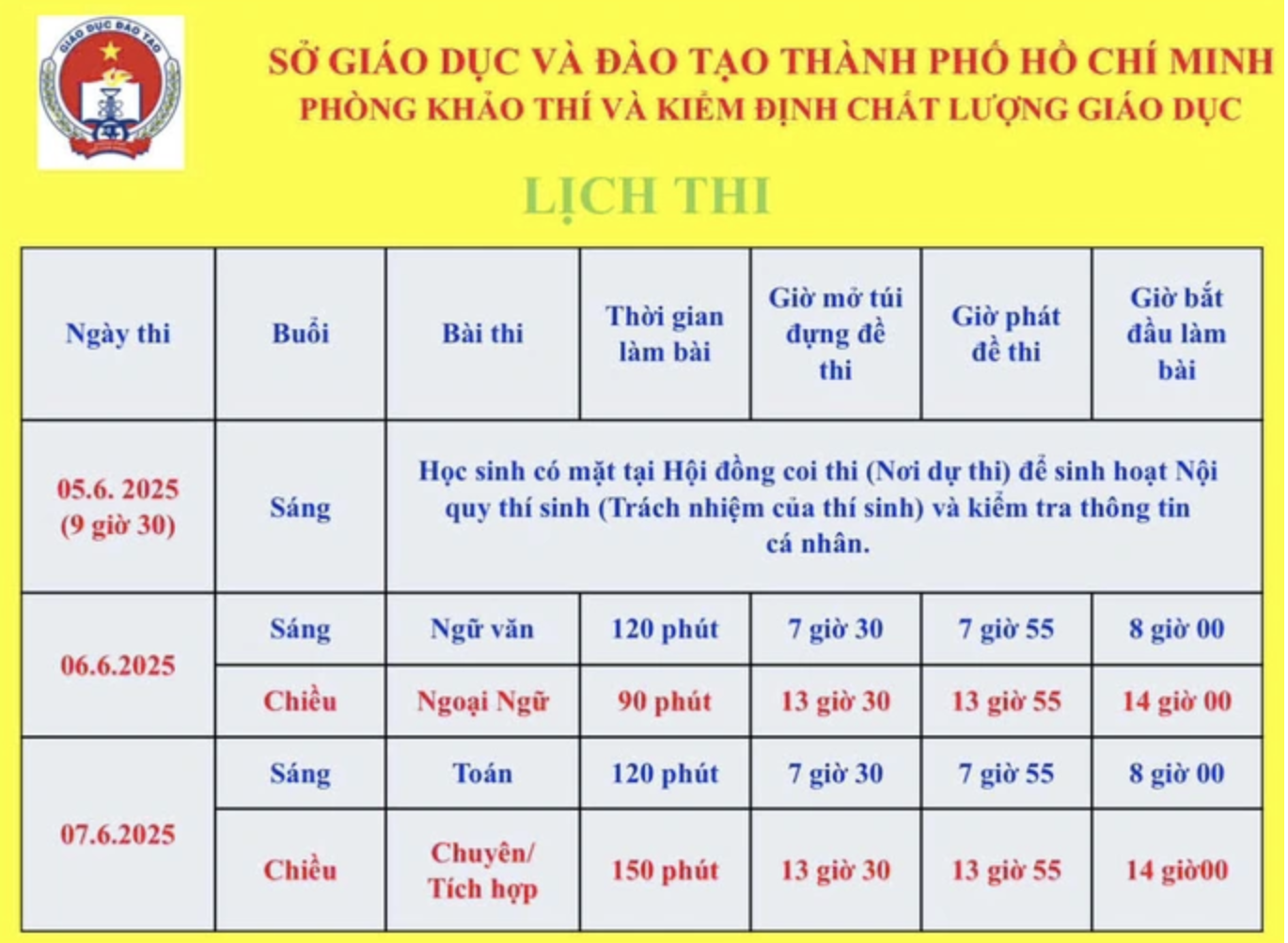 lịch thi lớp 10 TP HCM năm 2025