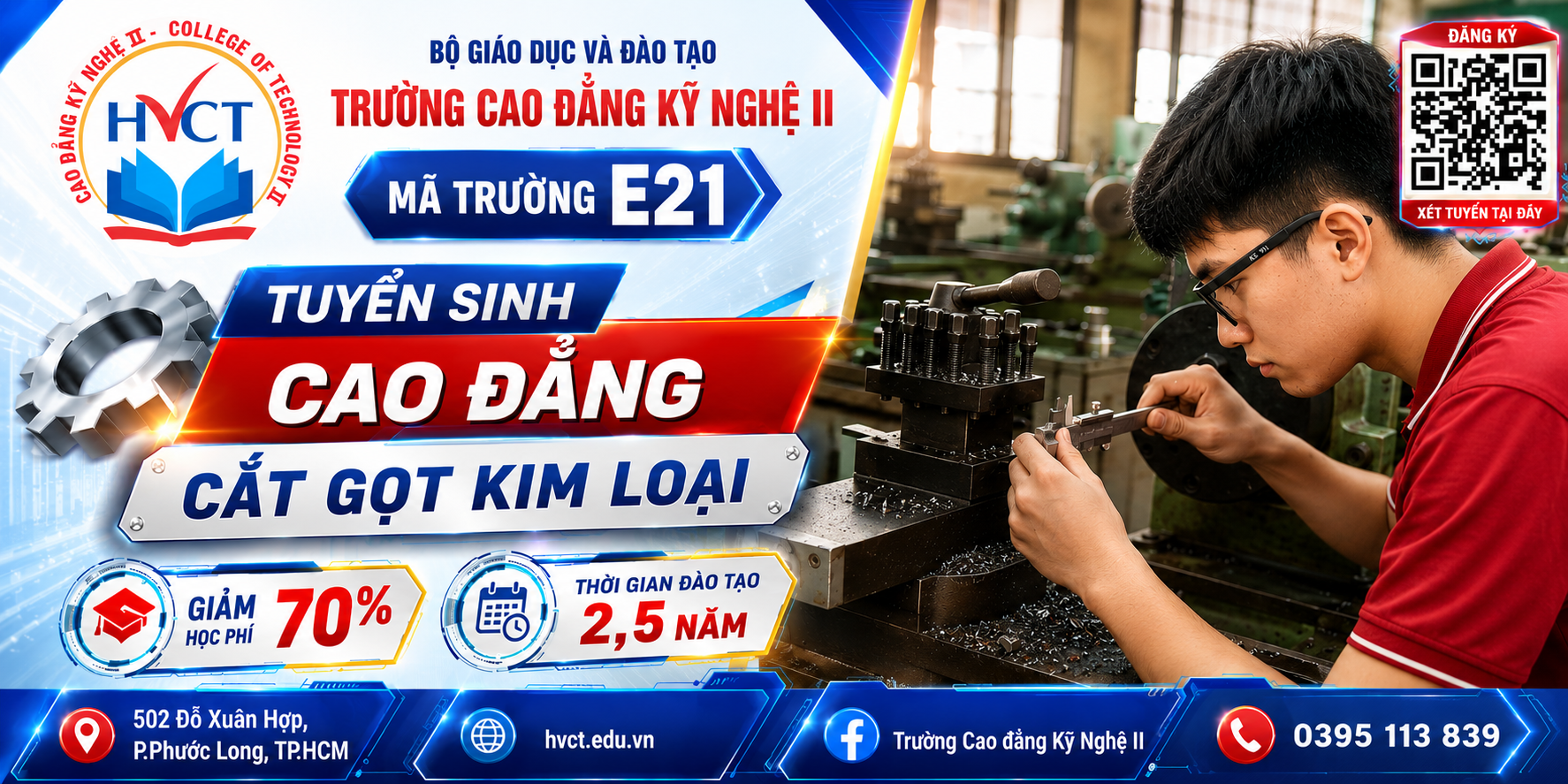Sinh viên ngành Cắt gọt kim loại được giảm 70% học phí (3.105.000 đồng/học kỳ); chương trình đào tạo kéo dài 2,5 năm (5 học kỳ).