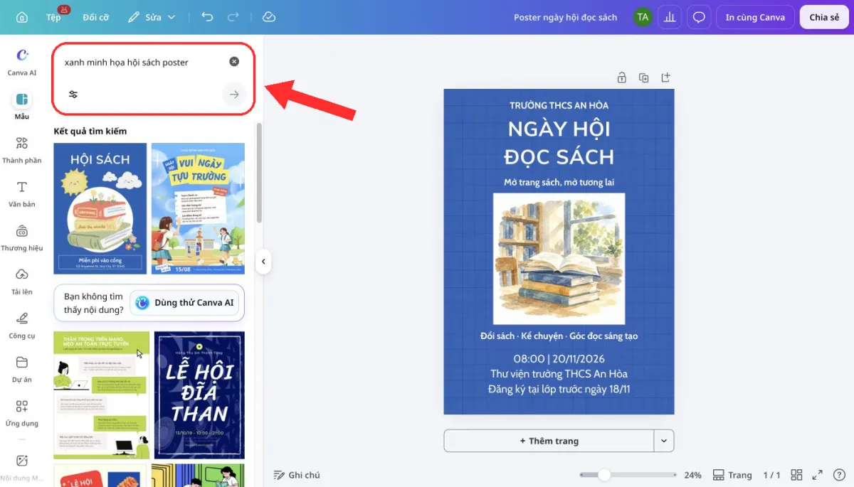 Bảng Mẫu cho phép tìm poster theo chủ đề và tiếp tục chỉnh sửa thiết kế