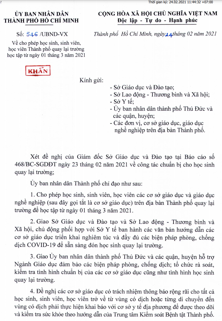 văn bản cho phép học sinh, sinh viên, học viên trên địa bàn TP quay trở lại trường học tập từ ngày 1/3.