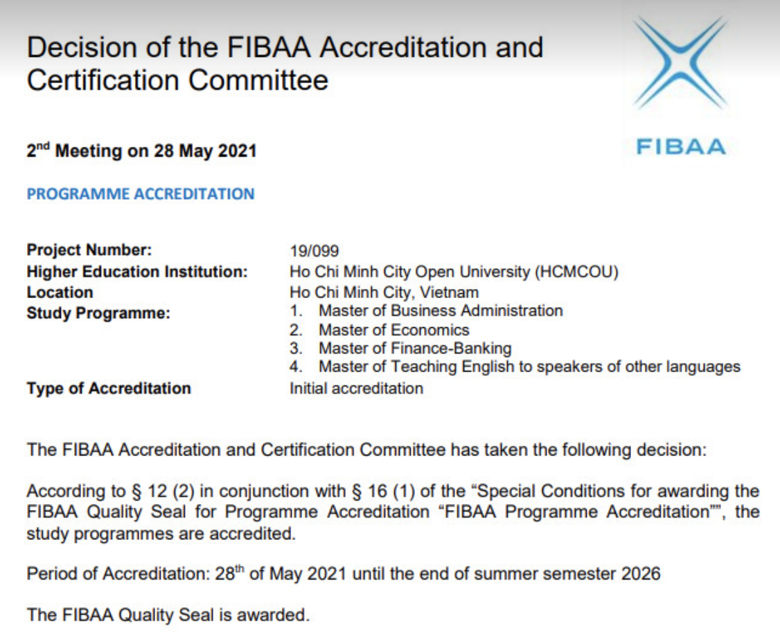 Quyết định của tổ chức kiểm định FIBAA cho 4 chương trình đào tạo thạc sĩ của Trường ĐH Mở TPHCM