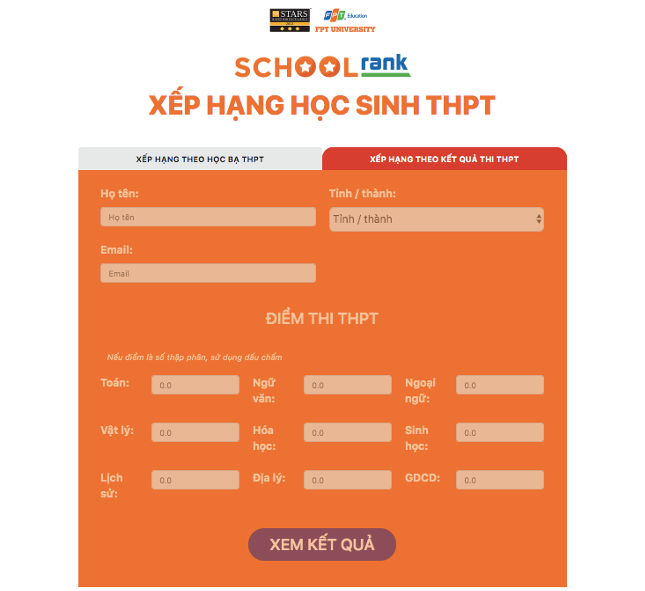 Giao diện trang Xếp hạng học sinh THPT SchoolRank do Trường ĐH FPT phát triển